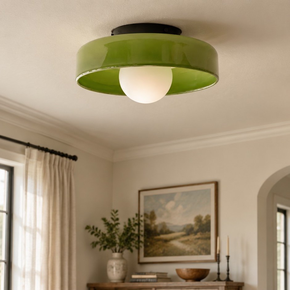 Lampada verde a disco e globo spenta sopra una consolle del soggiorno