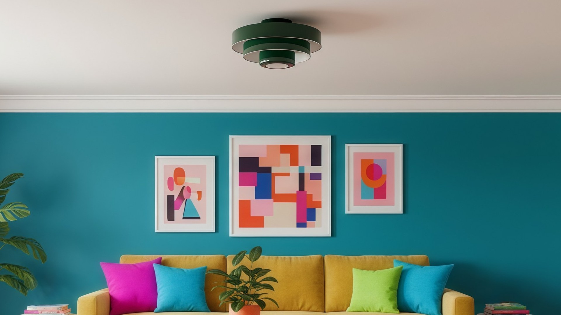 Plafoniera Bauhaus verde a tre livelli, mostrata per intero in un soggiorno