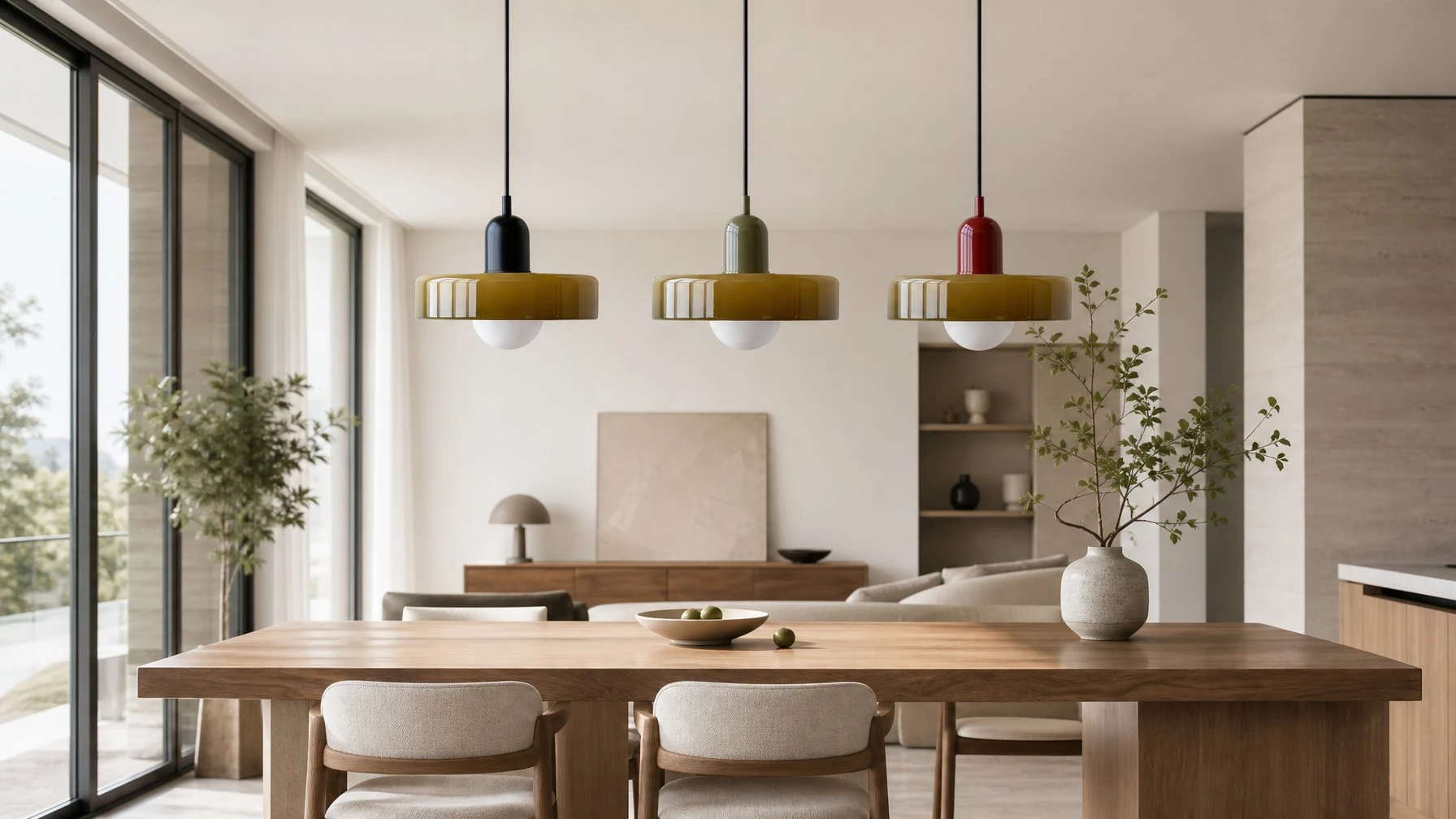 Suspension Disc Orb au-dessus d’une table, en vert et noir, vert et vert, vert et rouge