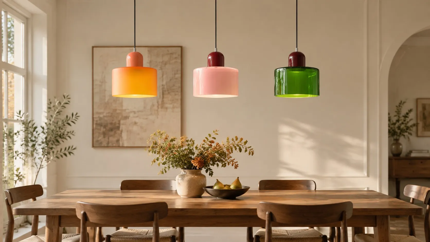 Groene en zwarte Morandi hanglamp boven een eettafel