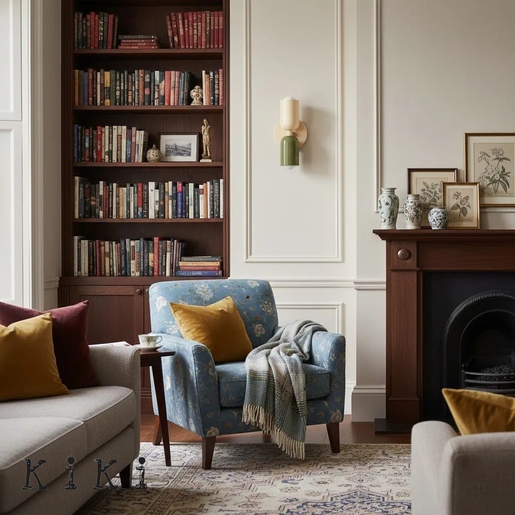 Green wall sconce in a library living room