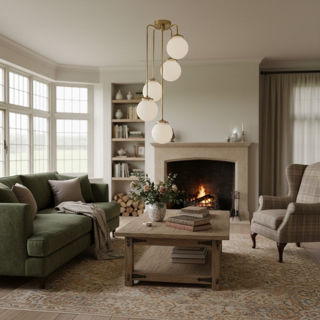 Glorica Glass 5 Globe Chandelier - Brass and Opal Glass Vintage Pendant Light KL1428
