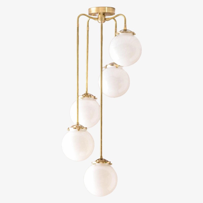 Glorica Glass 5 Globe Chandelier - Brass and Opal Glass Vintage Pendant Light KL1428