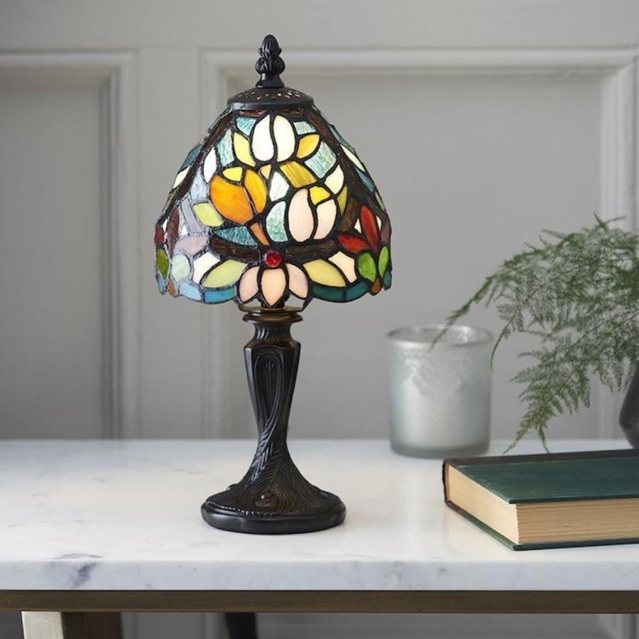 Calyra Vintage Floral Stained Glass Table Lamp - Art Deco Tiffany Style Accent Light for Bedside and Living Room KL1843