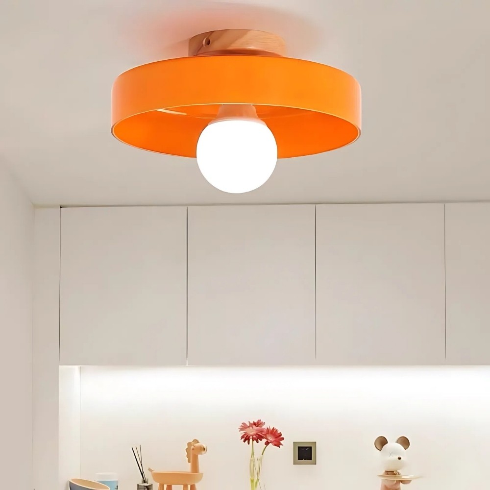 Wood Base Disc Orb Orange Glass Ceiling Light KL921