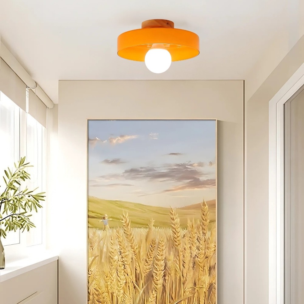 Wood Base Disc Orb Orange Glass Ceiling Light KL921