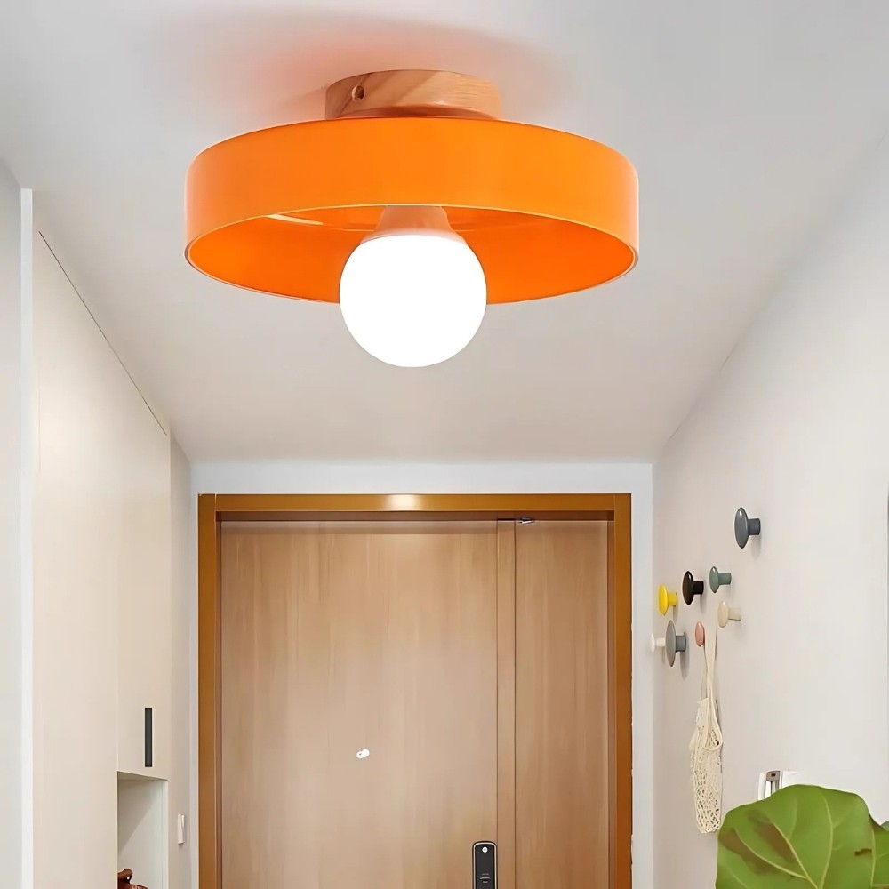 Wood Base Disc Orb Orange Glass Ceiling Light KL921