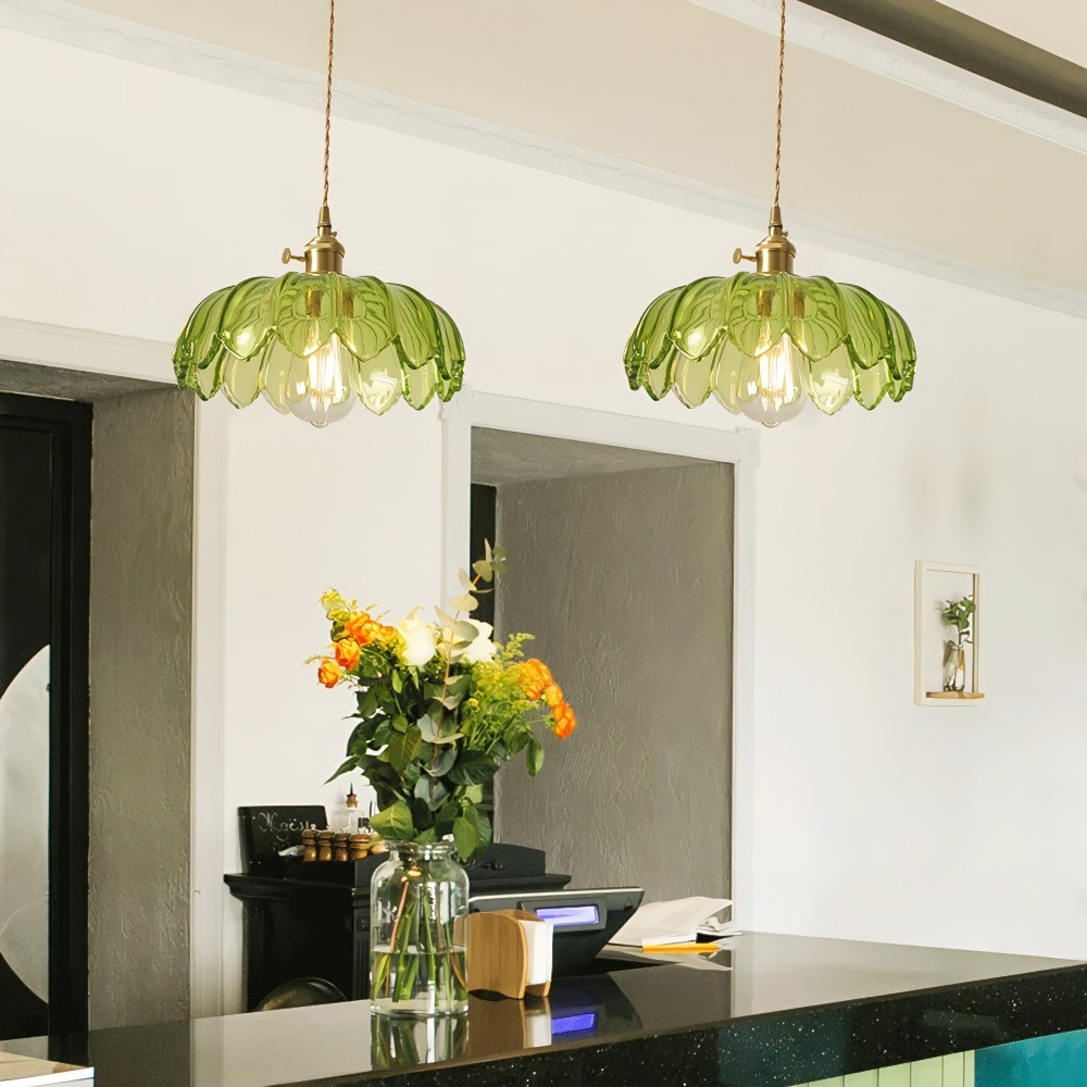 Antique Flower Petal Brass Glass Pendant Light KL50