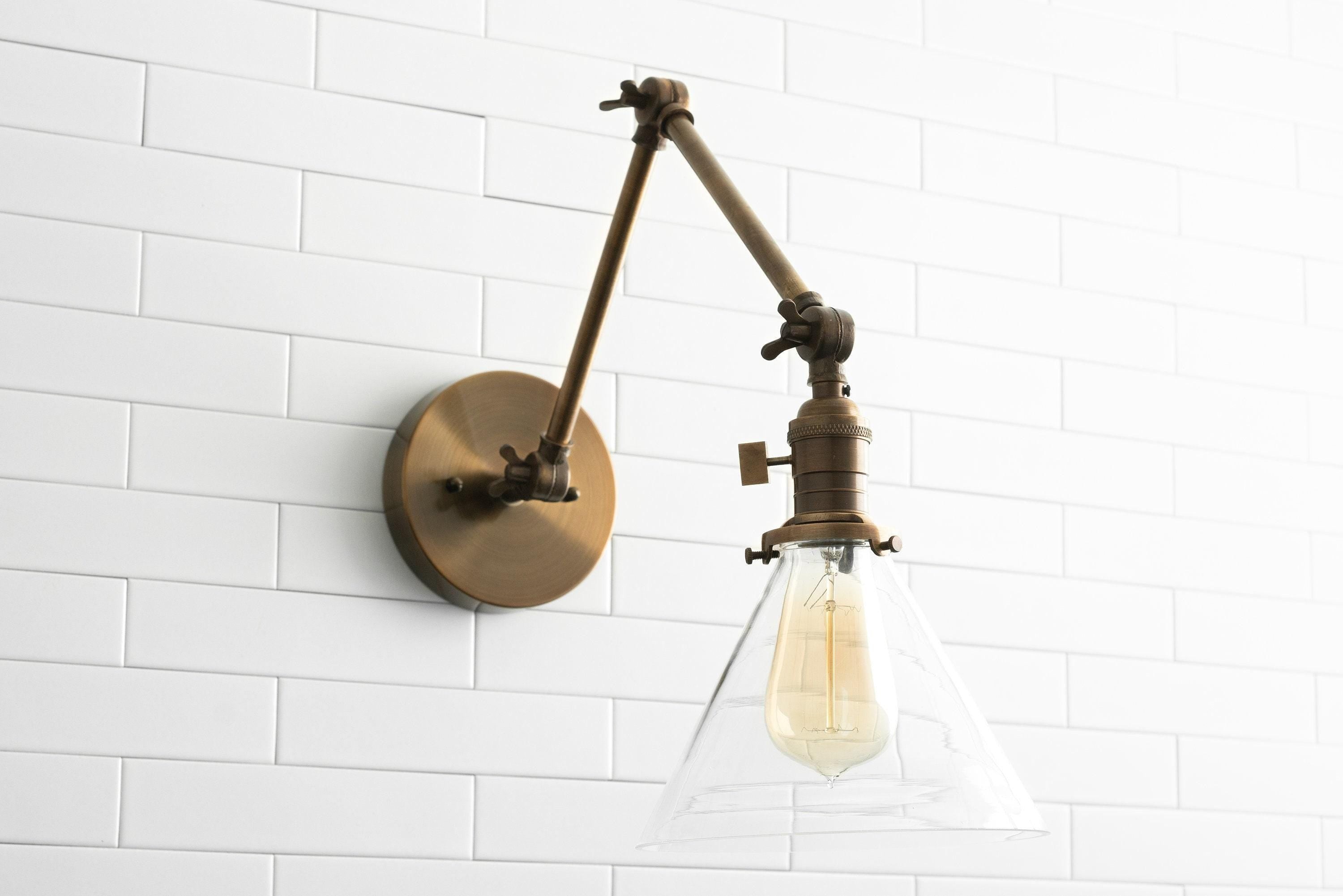 Conique Metal Industrial Wall Sconce with Adjustable Arm - Vintage Glass Cone Shade KL1442