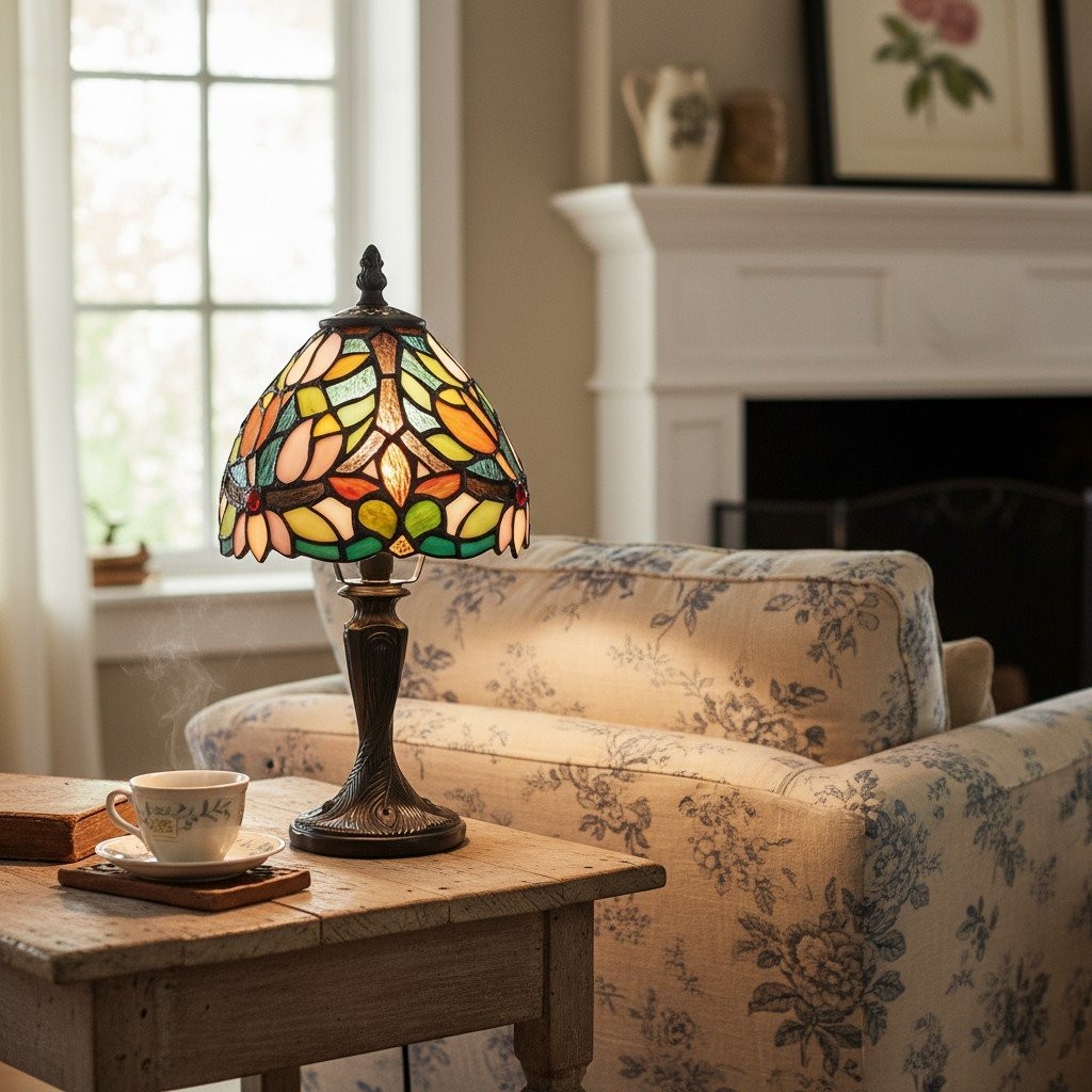 Calyra Vintage Floral Stained Glass Table Lamp - Art Deco Tiffany Style Accent Light for Bedside and Living Room KL1843