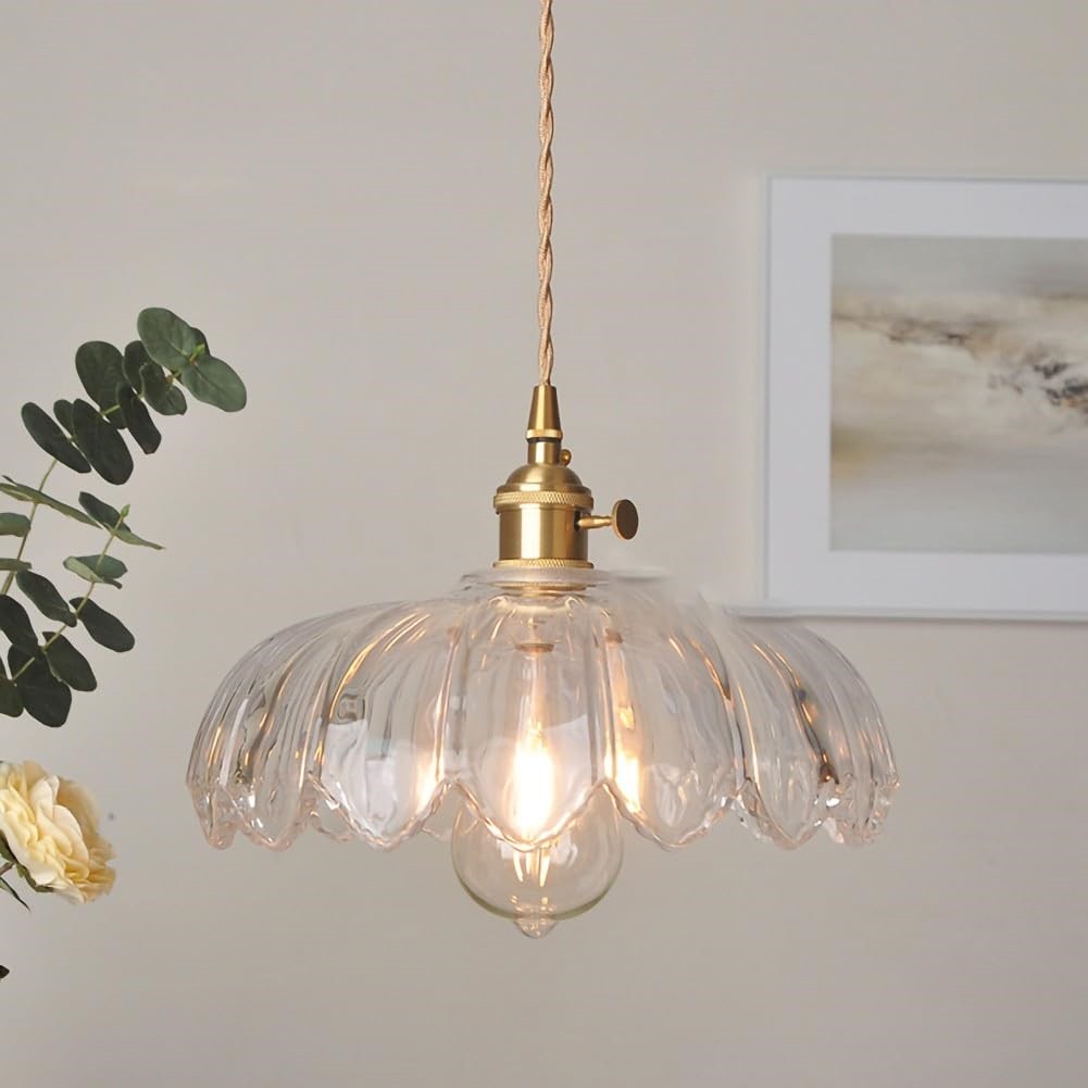 Antique Flower Petal Brass Glass Pendant Light KL50