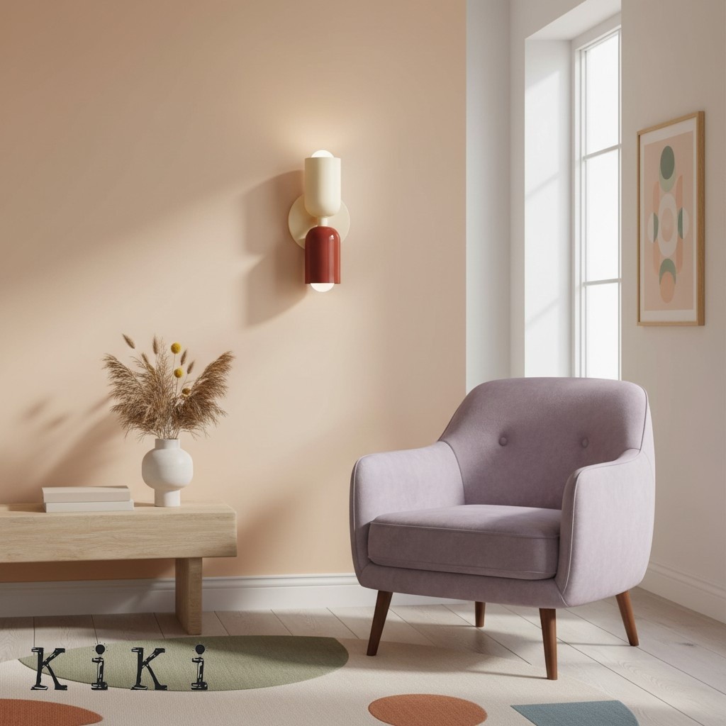Red wall sconce beside a reading chair