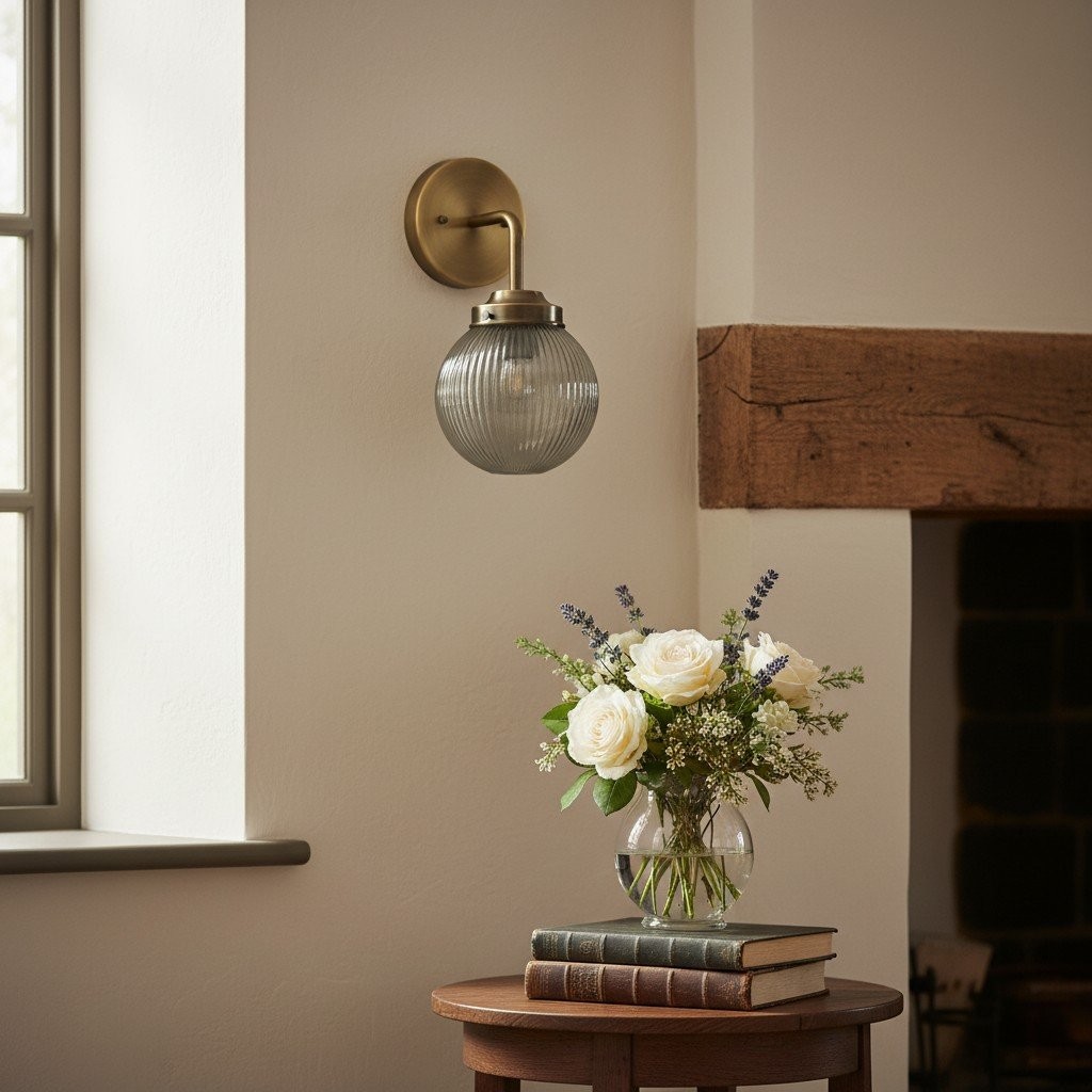 Glorica Glass Aged Brass Wall Sconce - Ribbed Glass Shade Industrial Style Lighting KL1518