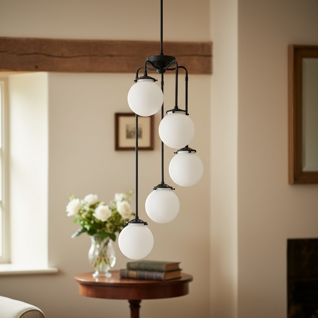 Glorica Glass 5 Globe Chandelier - Brass and Opal Glass Vintage Pendant Light KL1428