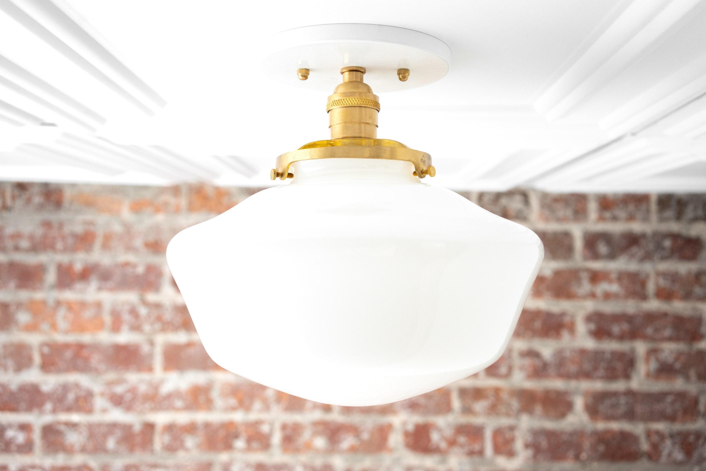 Geotower Glass Brass Ceiling Light - Opal Glass Schoolhouse Shade - Modern Elegance KL1508