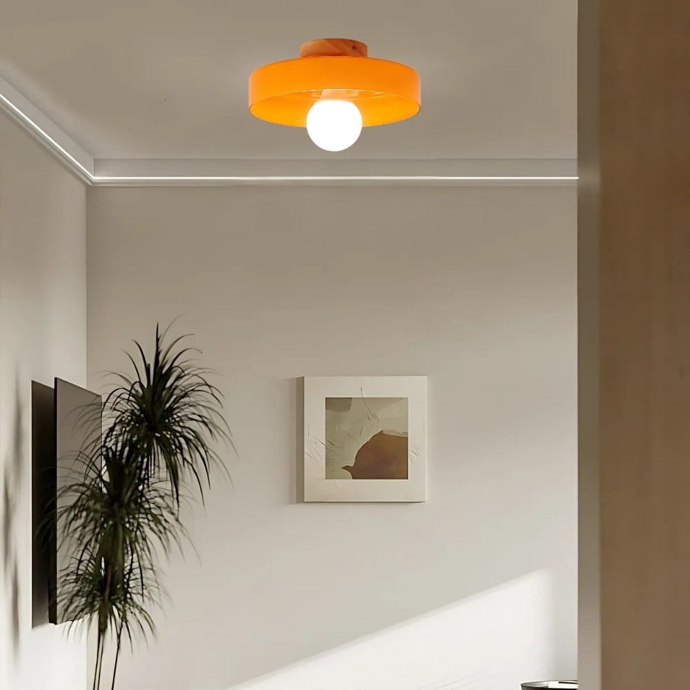Wood Base Disc Orb Orange Glass Ceiling Light KL921