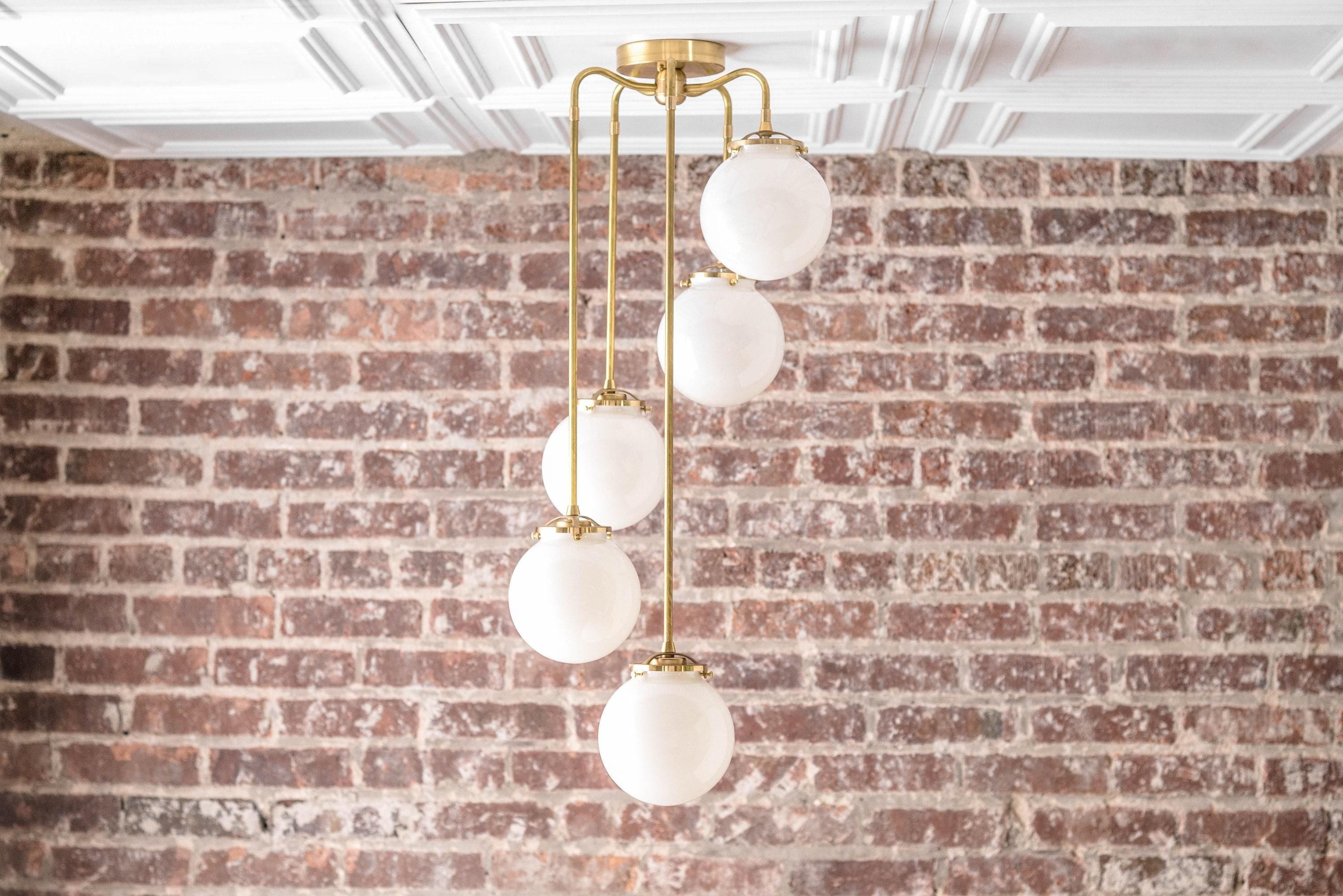 Glorica Glass 5 Globe Chandelier - Brass and Opal Glass Vintage Pendant Light KL1428