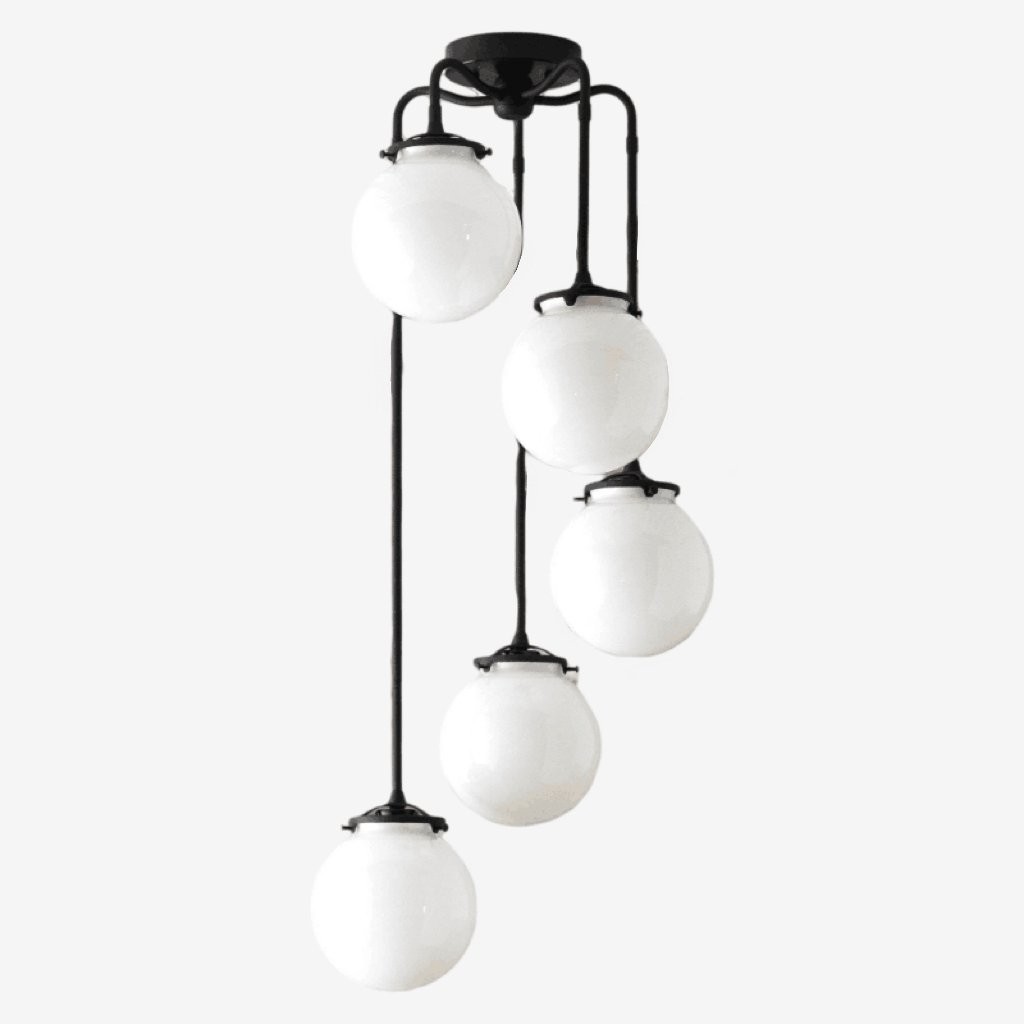 Glorica Glass 5 Globe Chandelier - Brass and Opal Glass Vintage Pendant Light KL1428