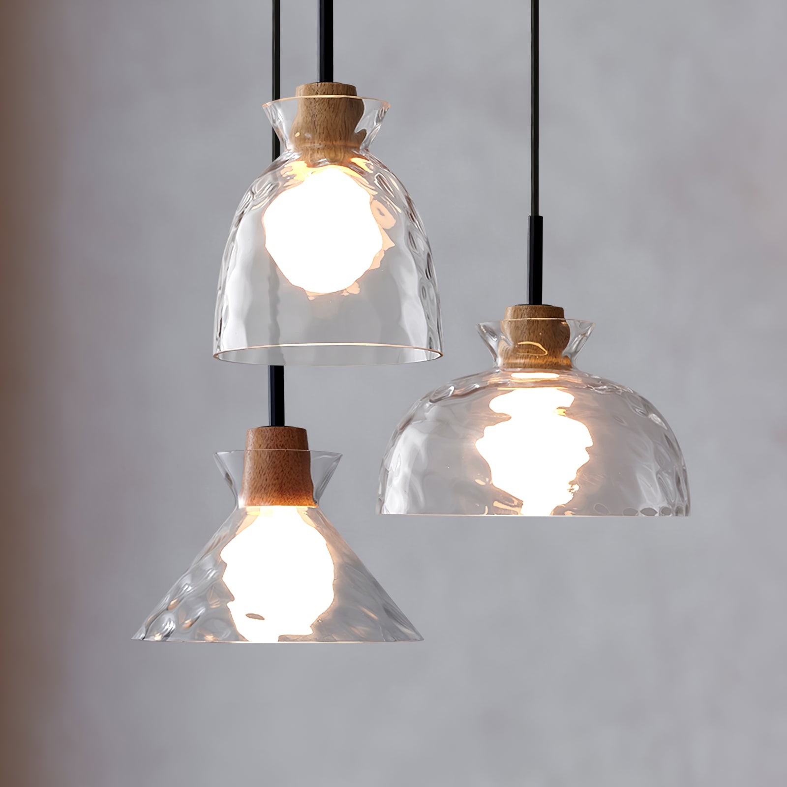 Quenora Ripple Glass Pendant Light - Wood Accent Design Kitchen Island Lighting KL596