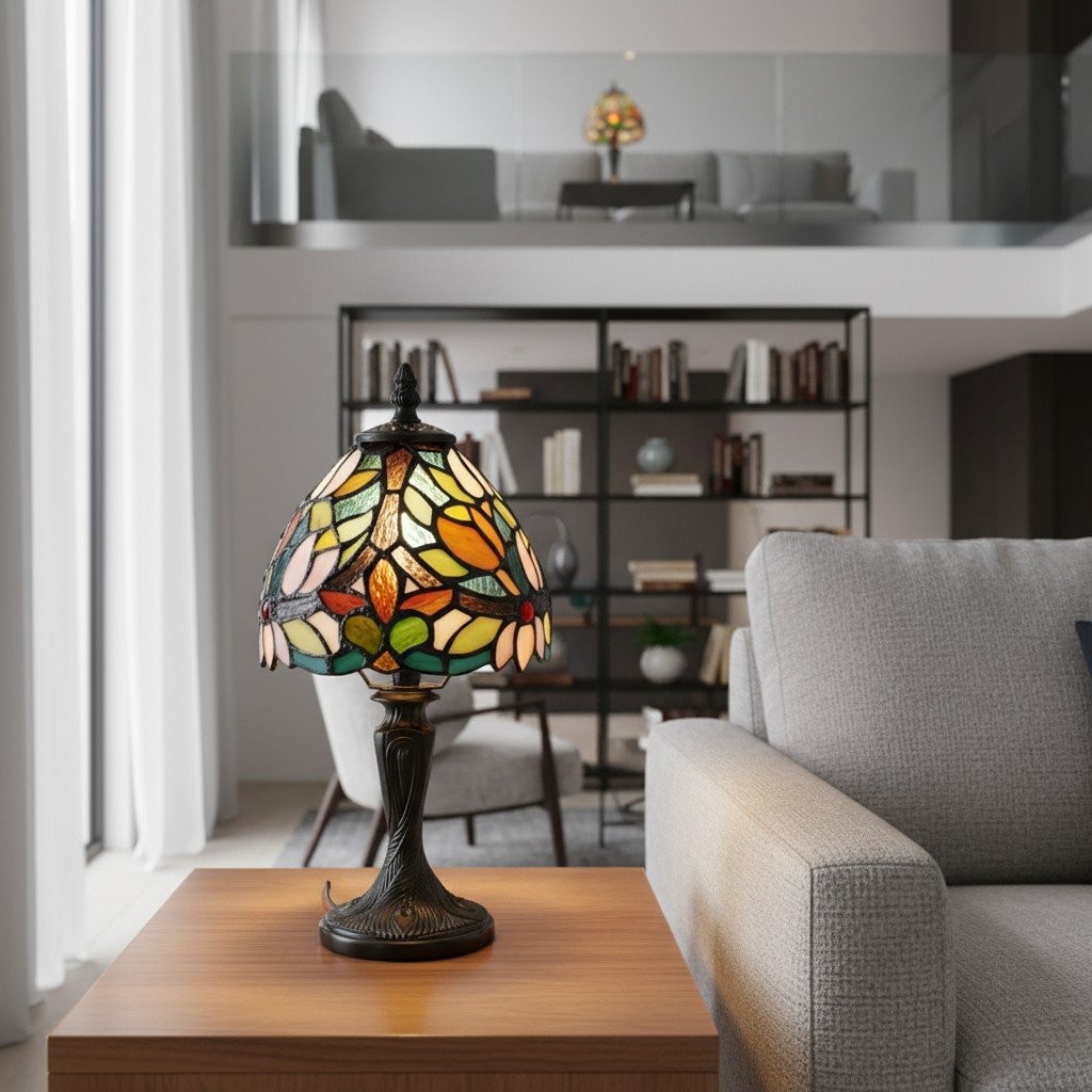 Calyra Vintage Floral Stained Glass Table Lamp - Art Deco Tiffany Style Accent Light for Bedside and Living Room KL1843