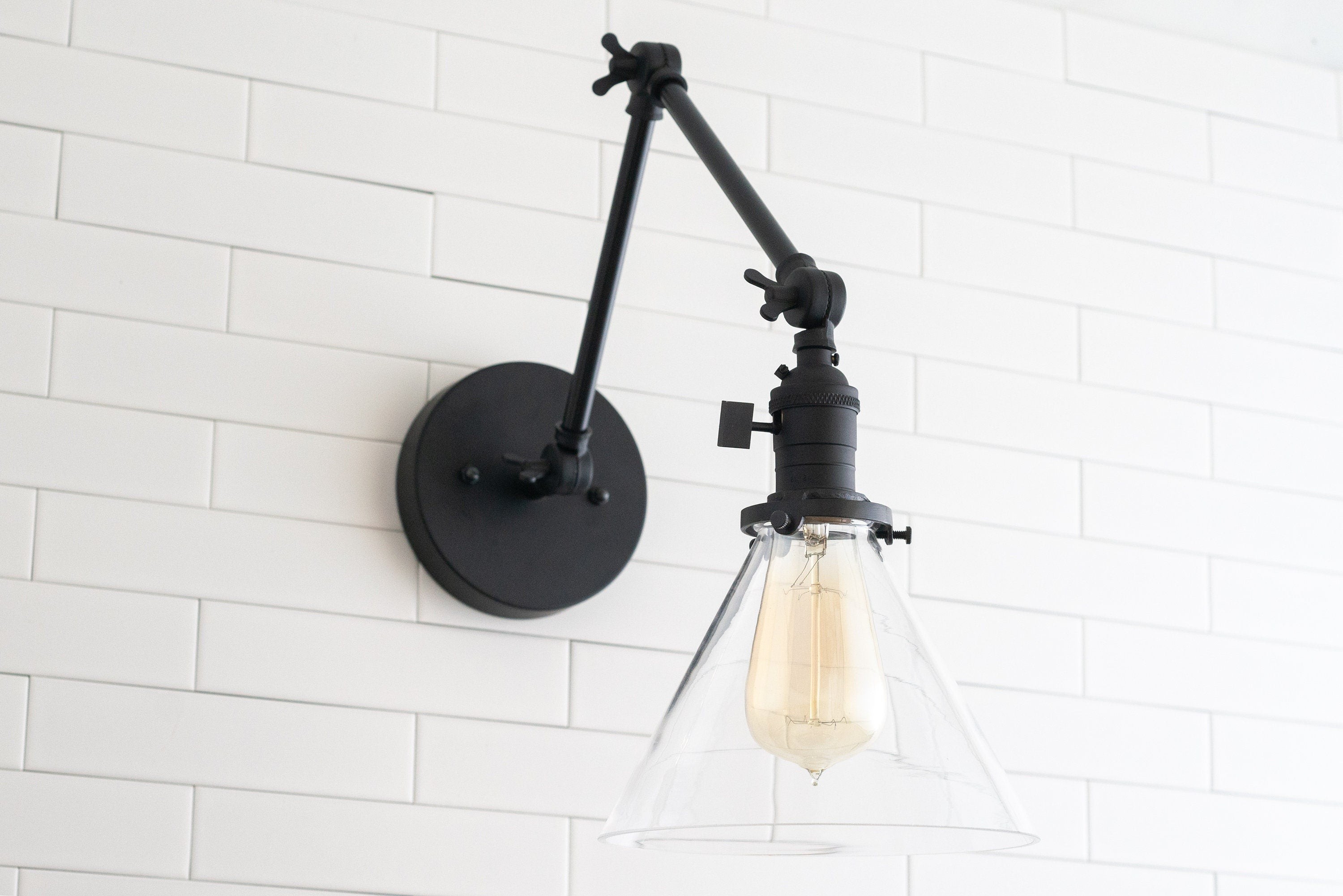 Conique Metal Industrial Wall Sconce with Adjustable Arm - Vintage Glass Cone Shade KL1442
