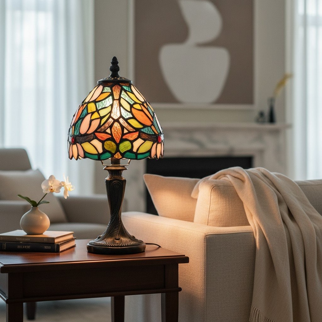 Calyra Vintage Floral Stained Glass Table Lamp - Art Deco Tiffany Style Accent Light for Bedside and Living Room KL1843