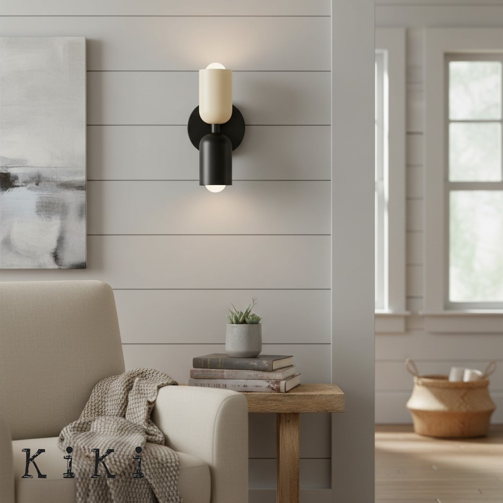 Black wall sconce beside a lounge chair
