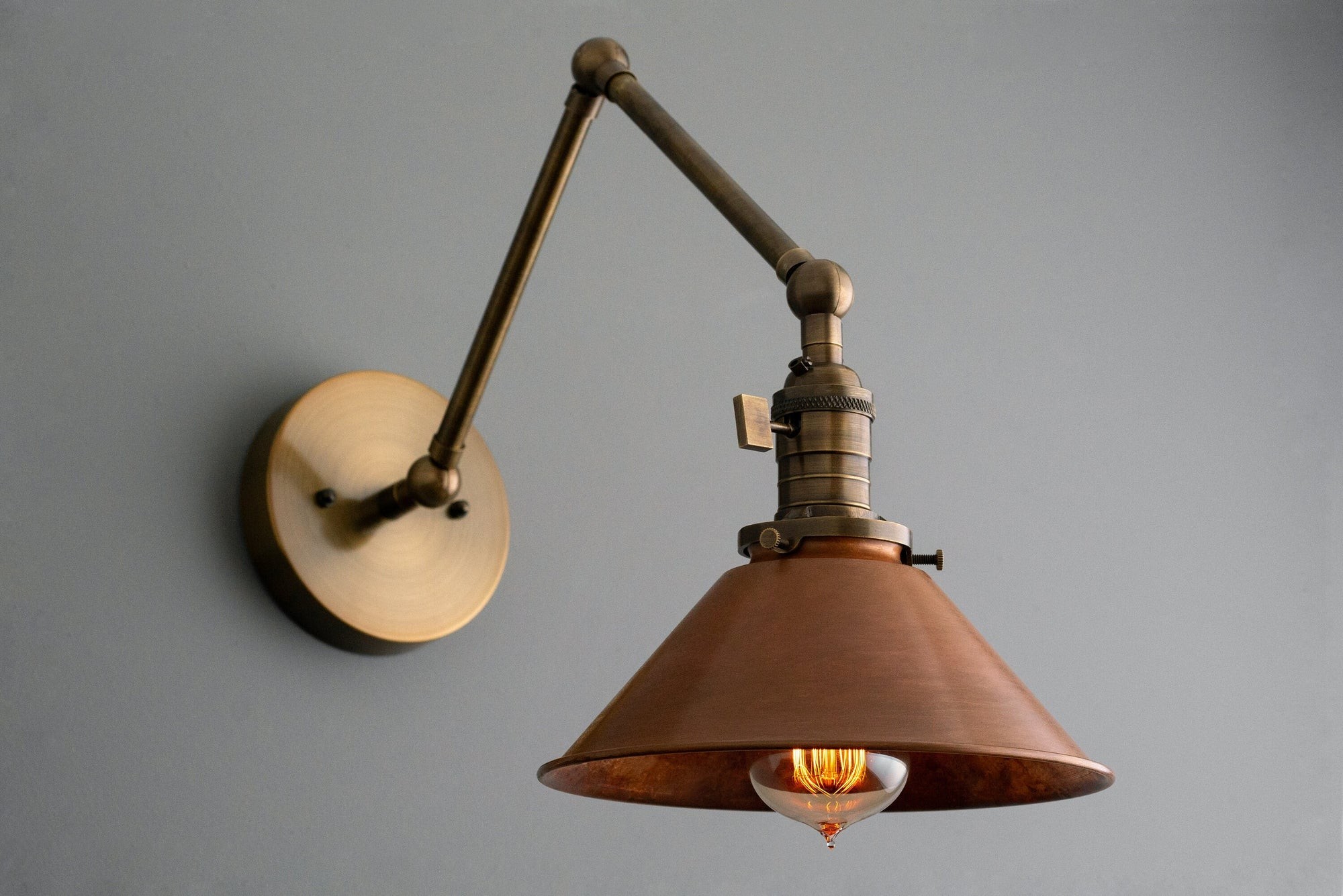 Conique Metal Industrial Wall Sconce with Adjustable Arm - Vintage Copper Cone Shade for Task Lighting KL1526