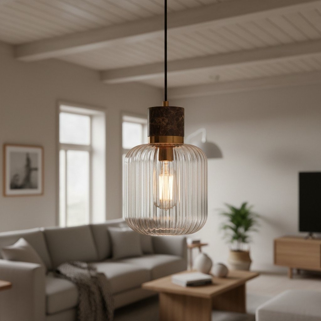 Korlisse Natural Stone and Glass Pendant Light - Stylish Lamp for Lounge or Living Room KL1881