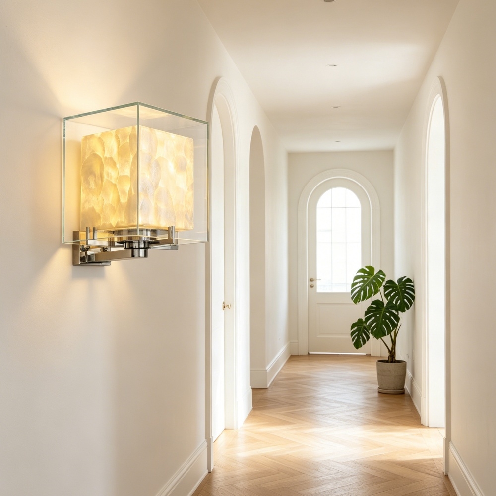 Beamira Mica Square Wall Lamp - Glass Shade Shell Decorative Wall Light for Hallway A17