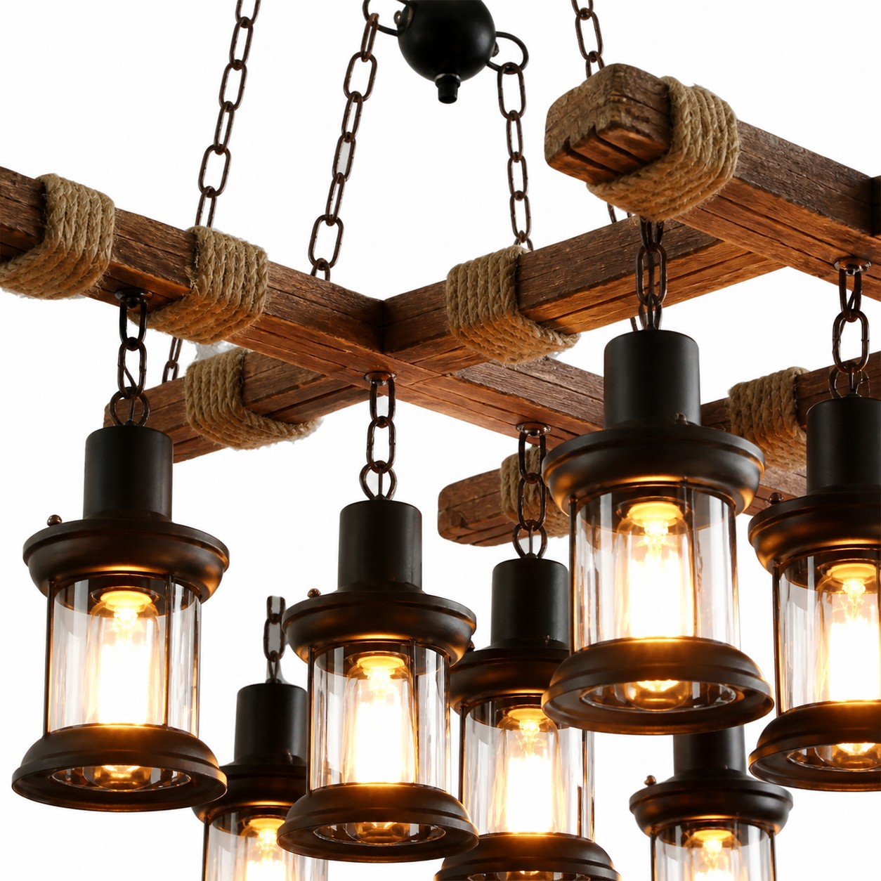 Rustic Wood Beam and Rope 8-Light Chandelier detail image 7
