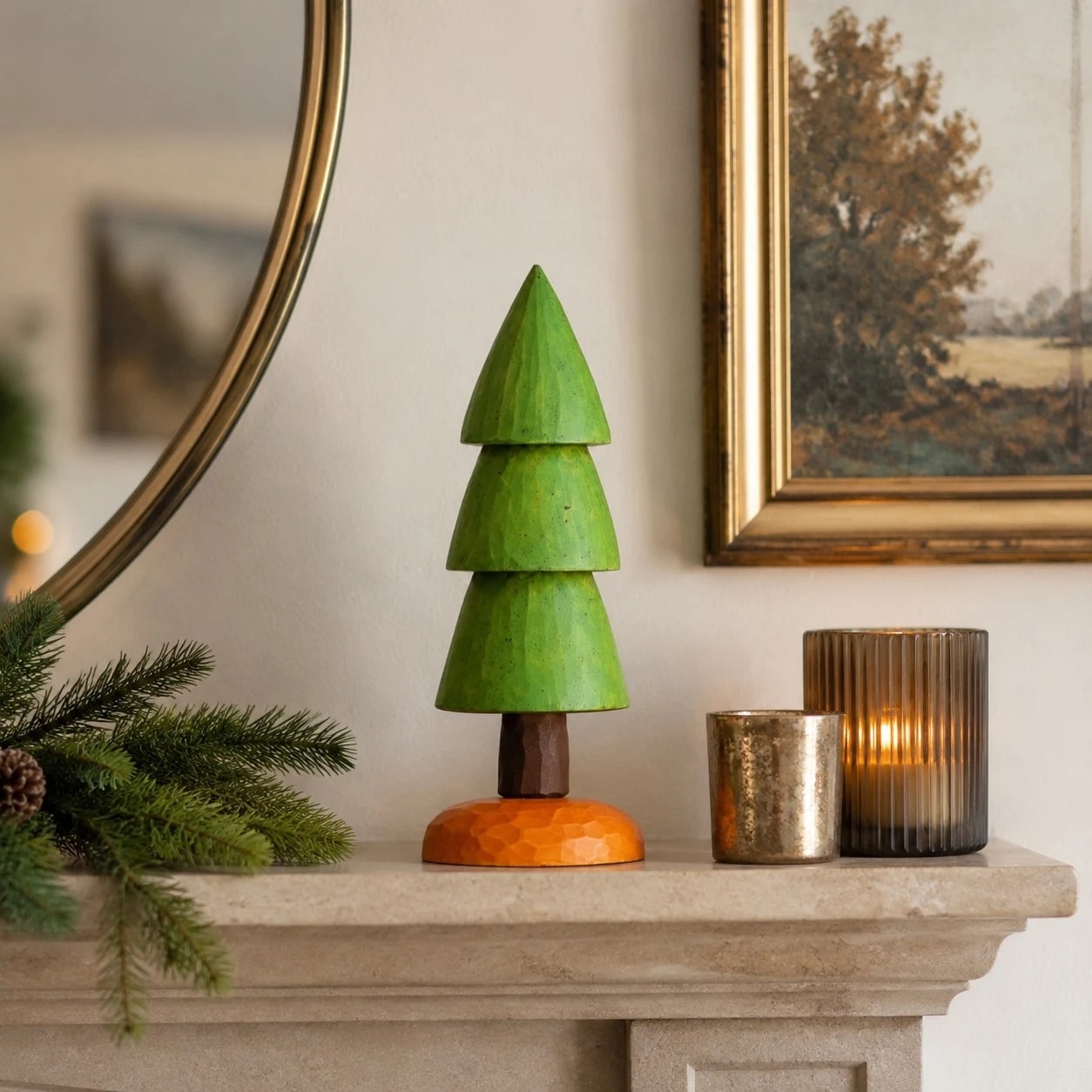Carved Wooden Pine Tree Tabletop Ornament