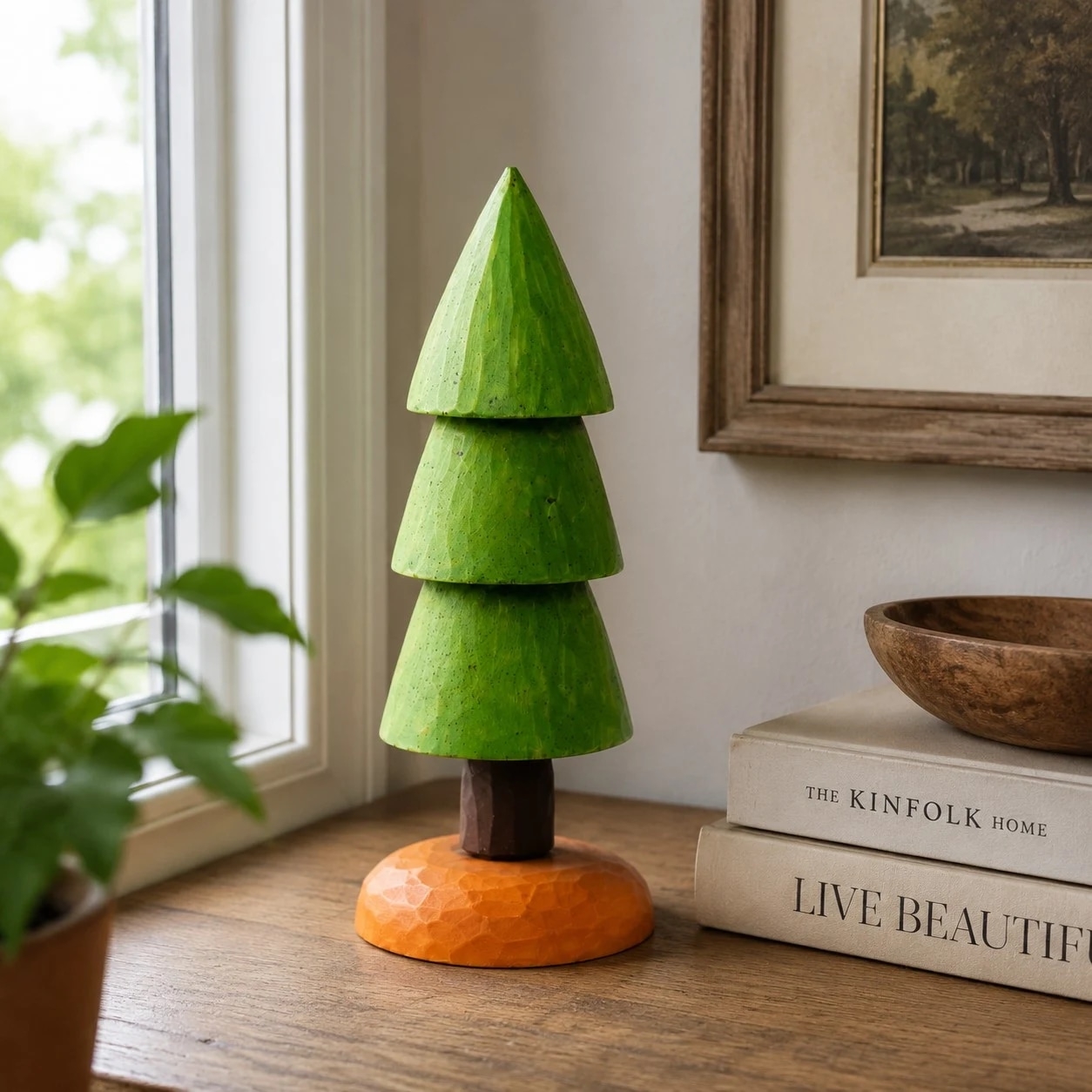 Carved Wooden Pine Tree Tabletop Ornament