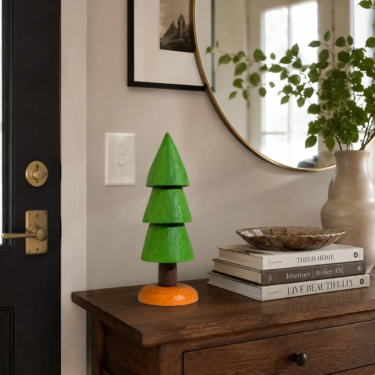 Carved Wooden Pine Tree Tabletop Ornament