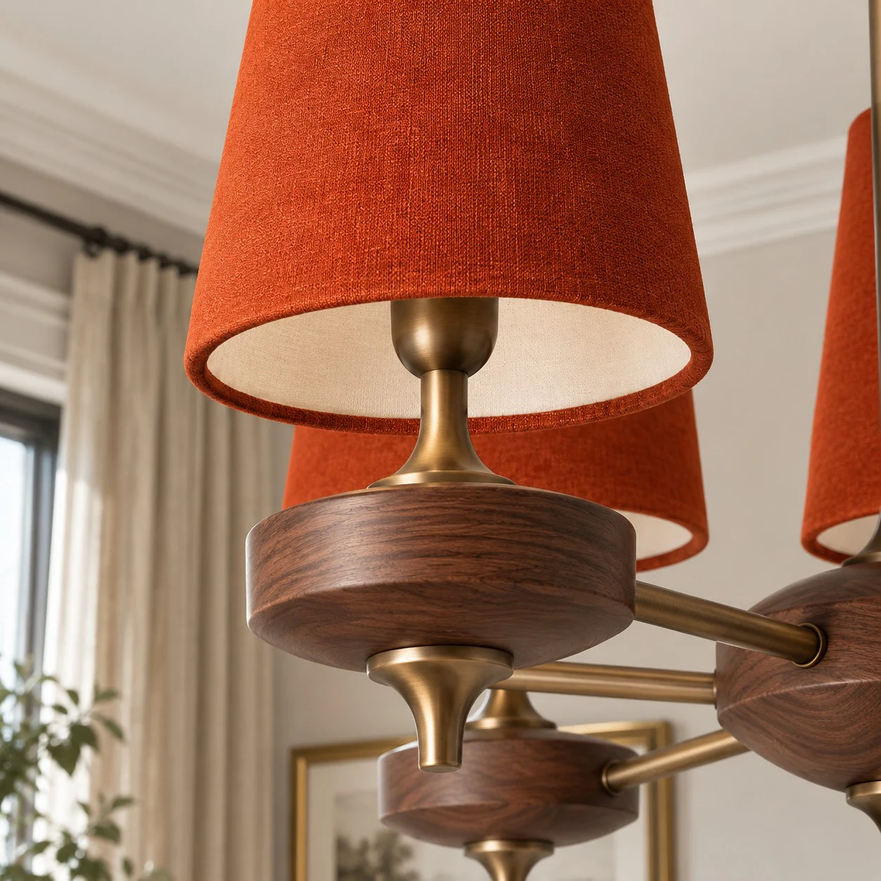 Close-up of the warm red velvet shade and walnut-toned lamp holder