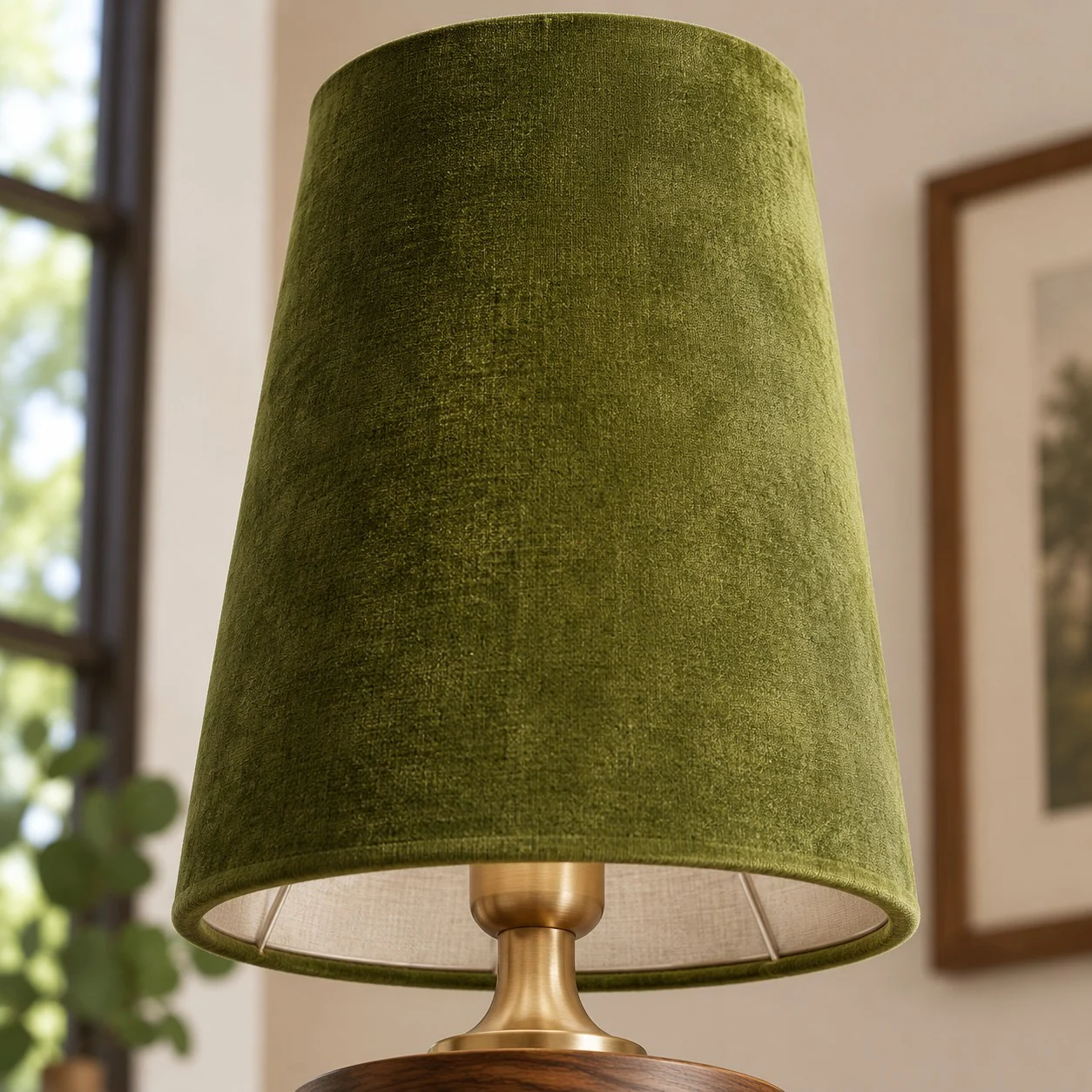 Close-up of the olive green velvet chandelier shade