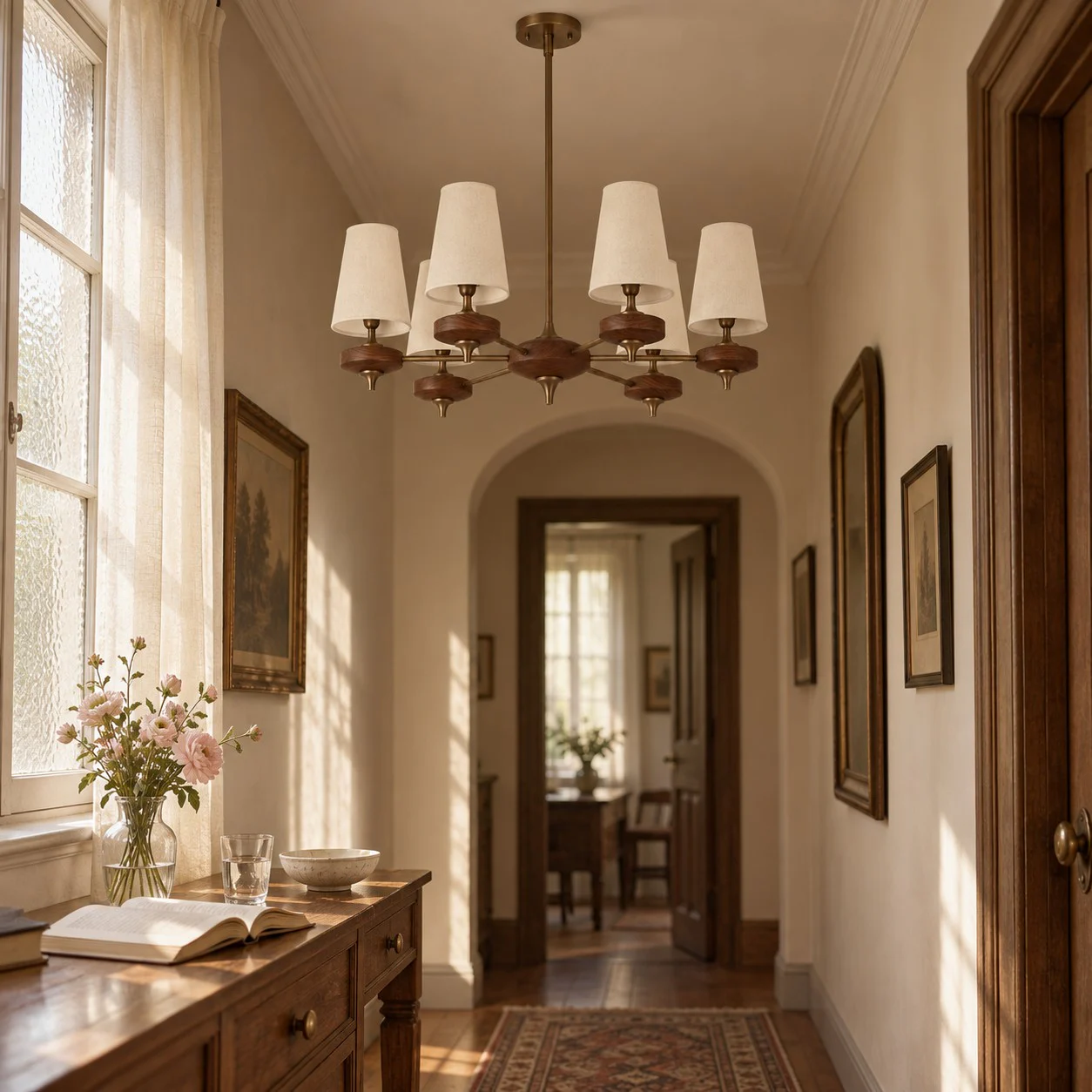 6-light Hour Rho chandelier in white velvet styled in a warm interior