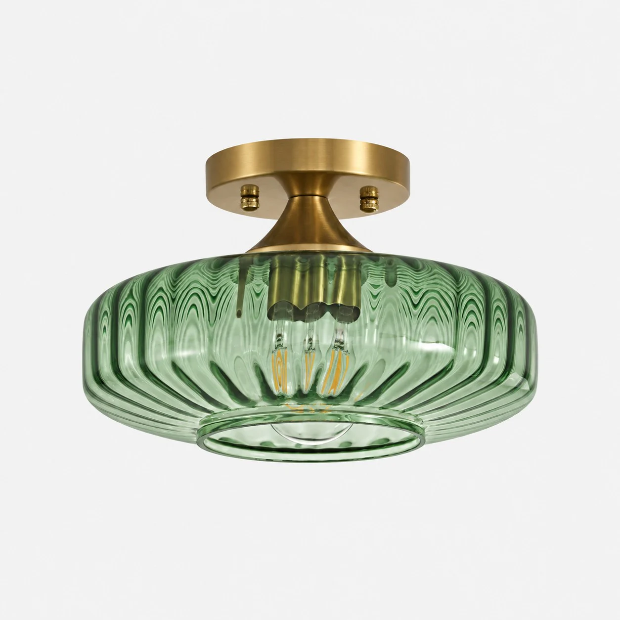Green small ribbed glass semi-flush ceiling light with brushed brass canopy
