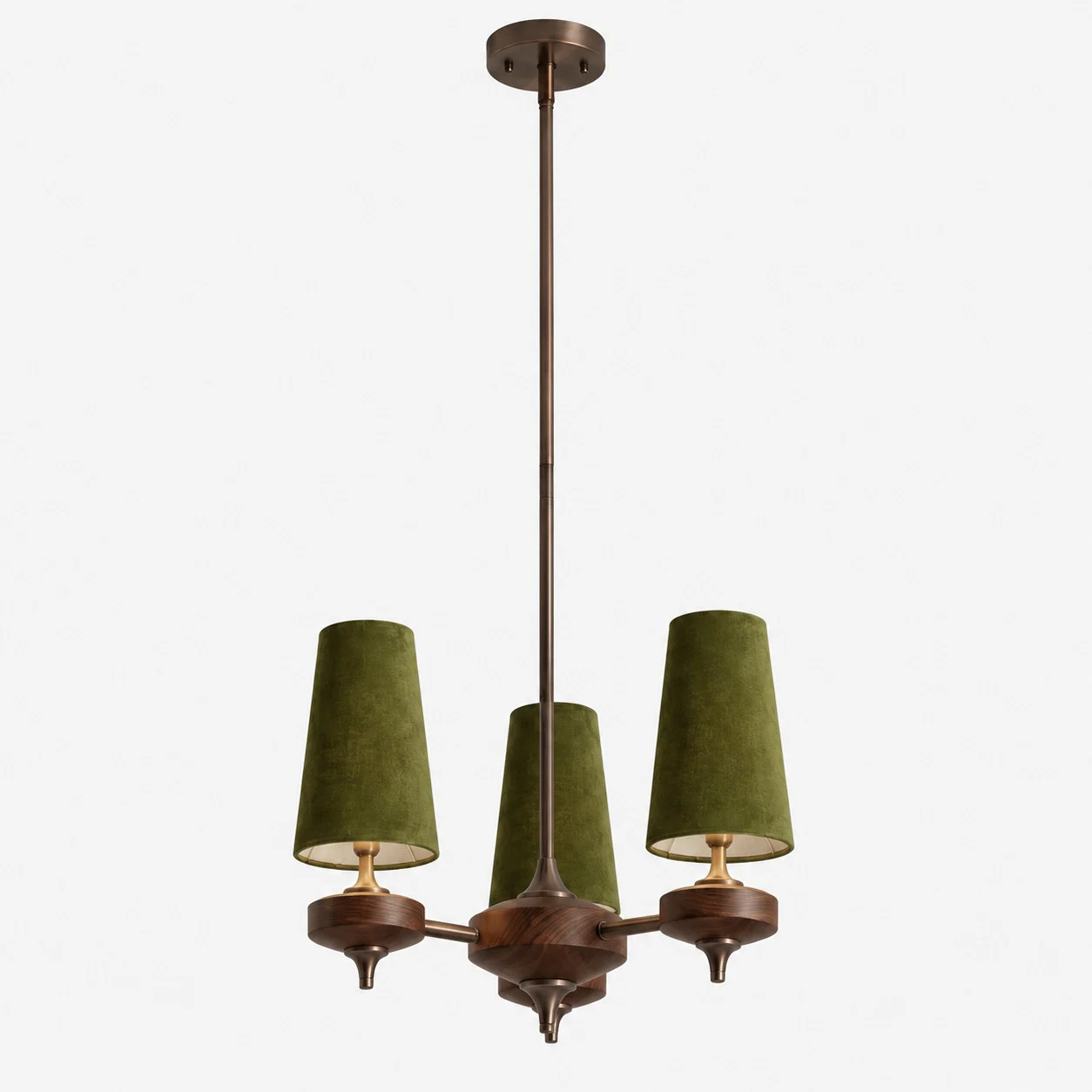 3-light Hour Rho chandelier with green velvet shades