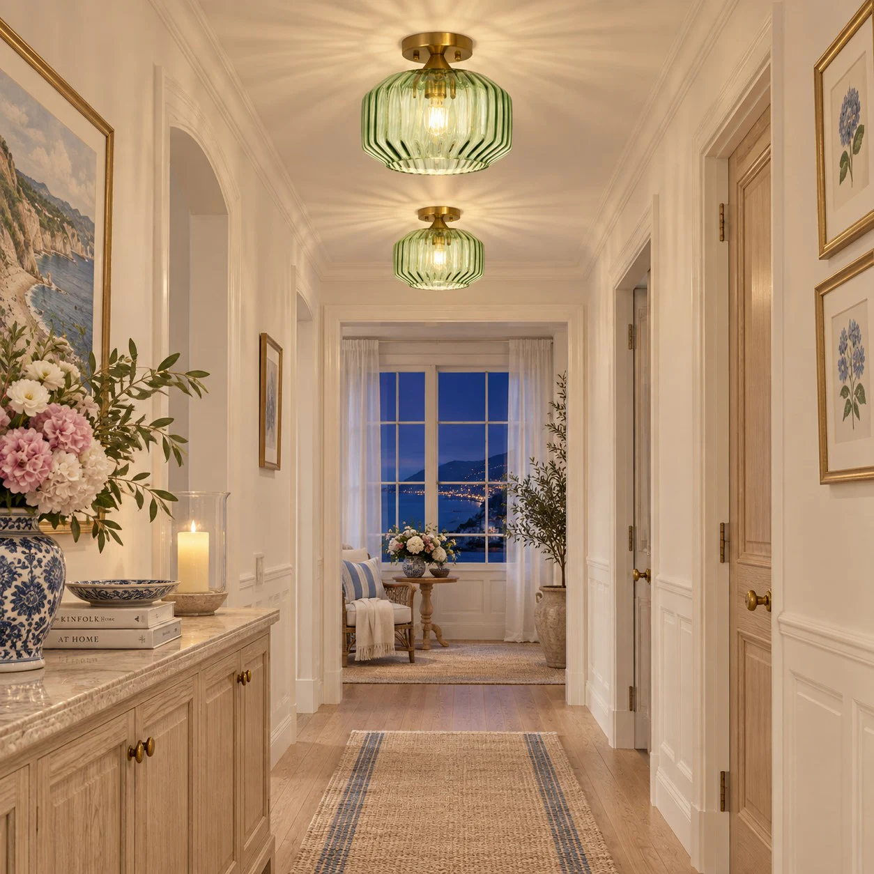 Large green ribbed glass ceiling light in a classic interior