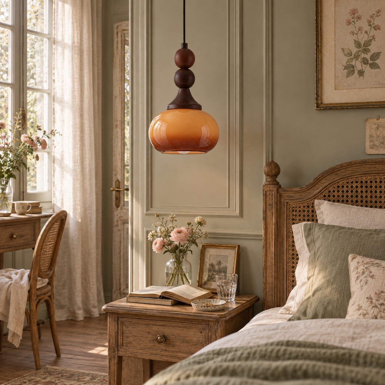 Brown glass pendant beside a bedroom bed