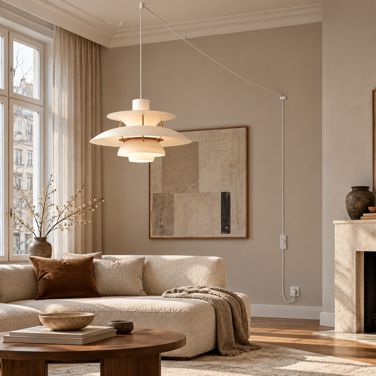 Lounge corner scene with the plug-in pendant