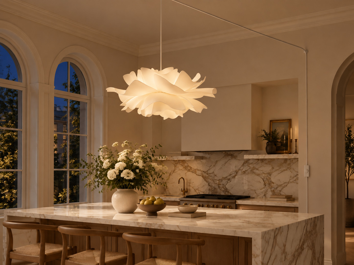 Floral acrylic pendant light switched on with warm glow