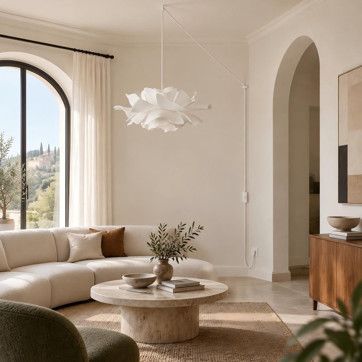 Floral pendant light creating a soft living-room focal point