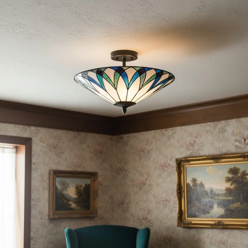TF Allanton Tiffany Semi Flush Ceiling Light - Art Nouveau Patterned Shade for Living or Dining KL1961