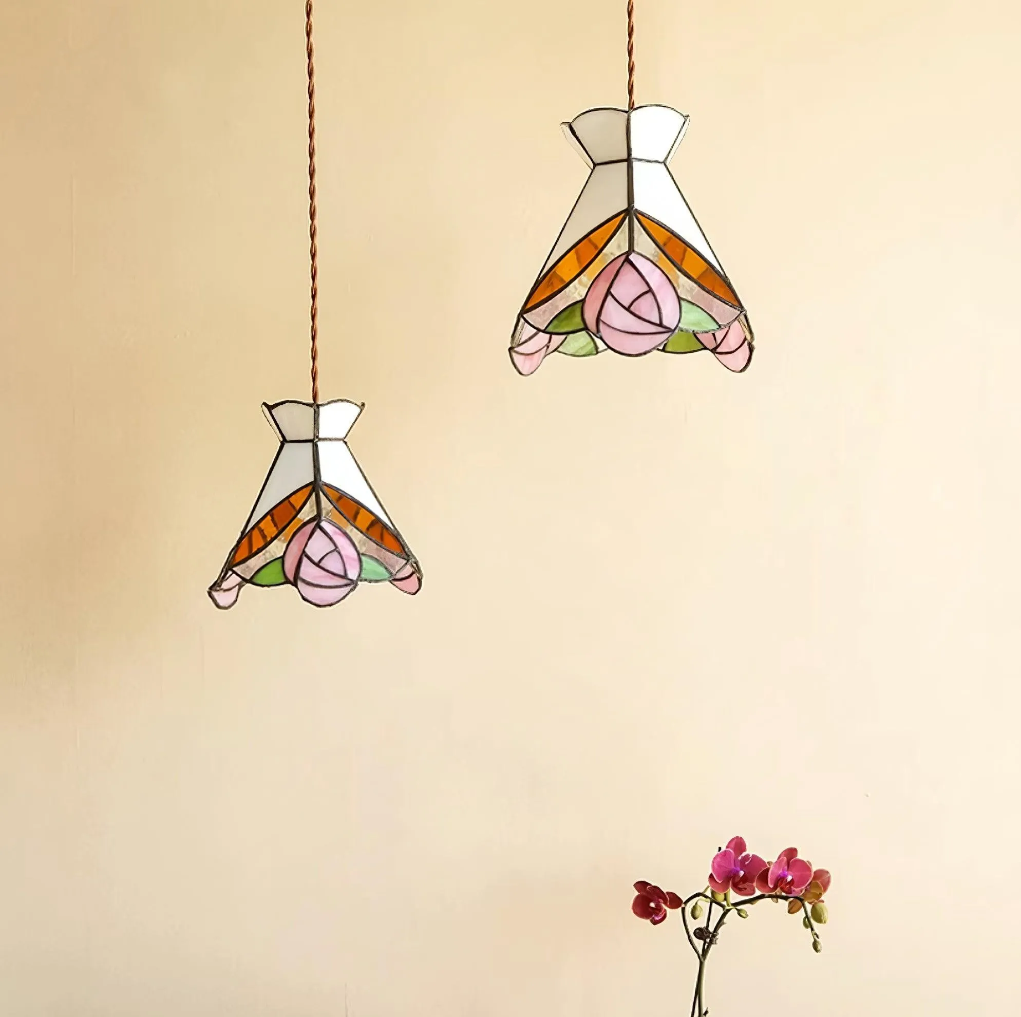 French Retro Rose Stained Glass Pendant Lamp KL690