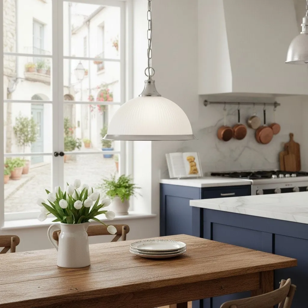 TF Vintora Ribbed Glass Pendant Light - Elegant Metal Trim for Kitchens, Dining Areas and Hallways KL1978