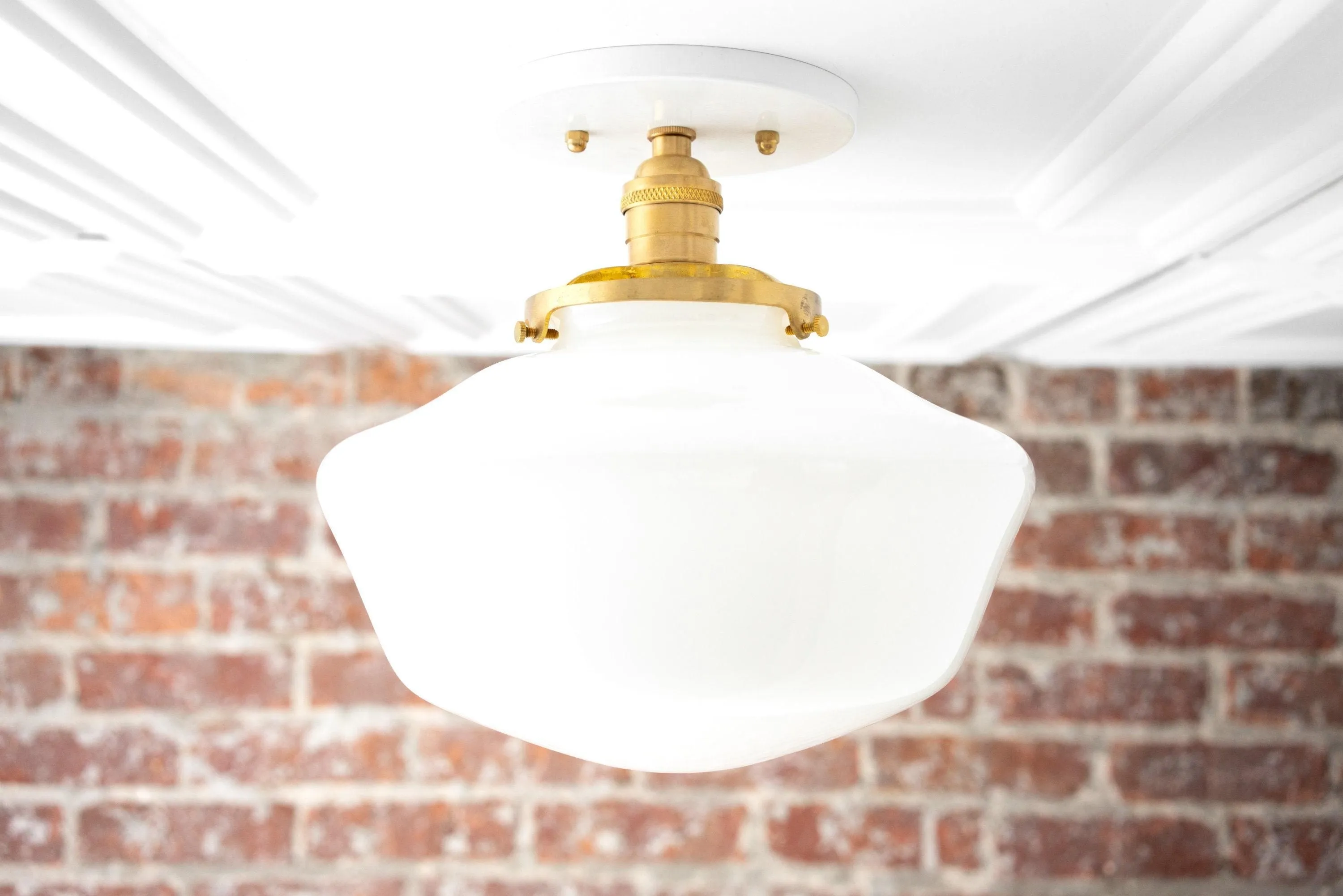 Geotower Glass Brass Ceiling Light - Opal Glass Schoolhouse Shade - Modern Elegance KL1508