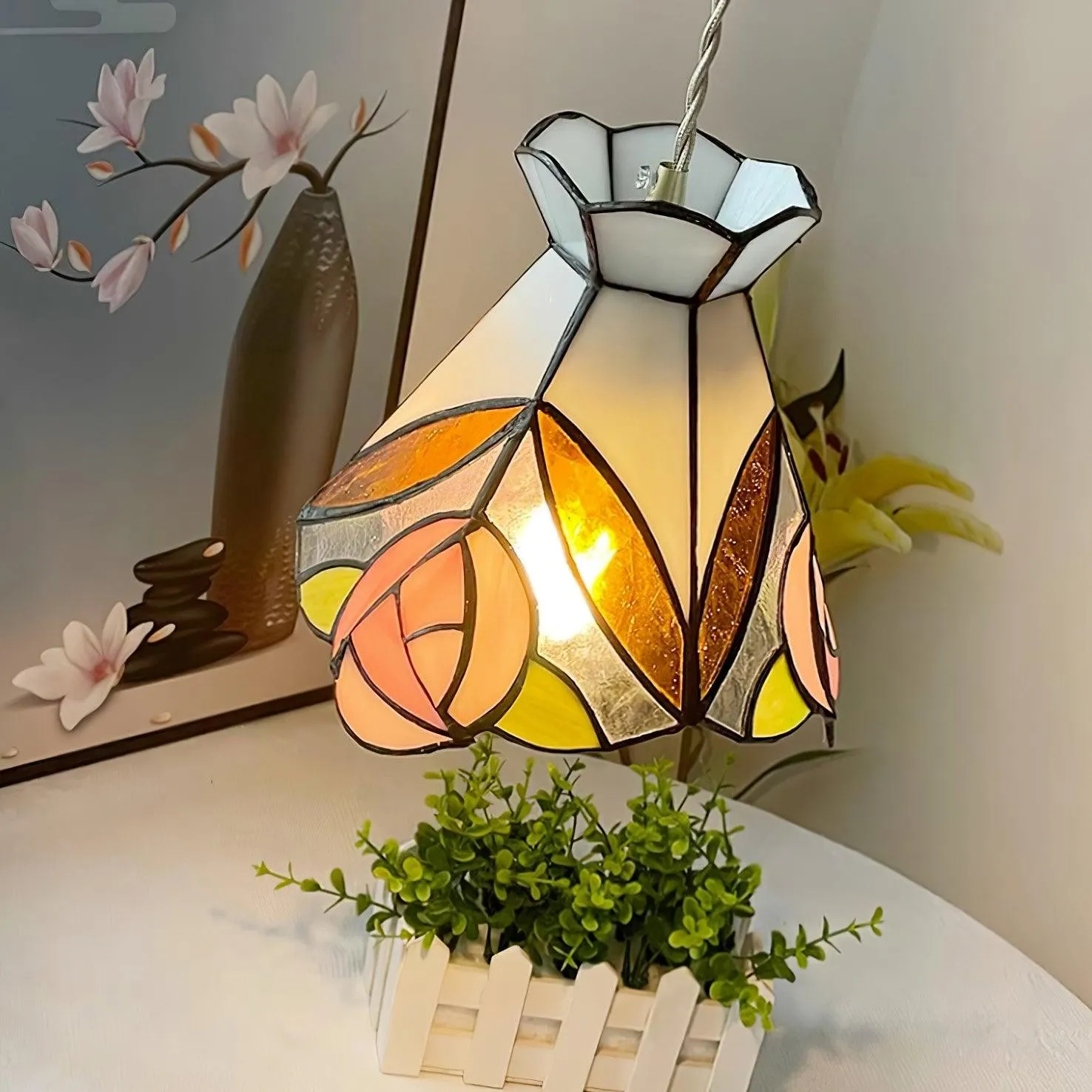 French Retro Rose Stained Glass Pendant Lamp KL690