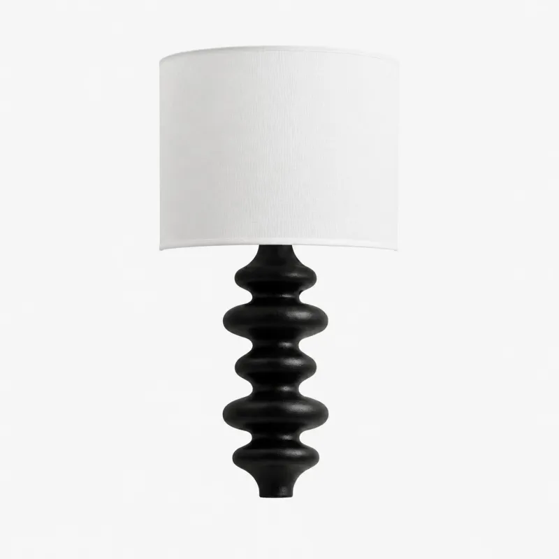 Ebony sculptural wall lamp with white fabric shade